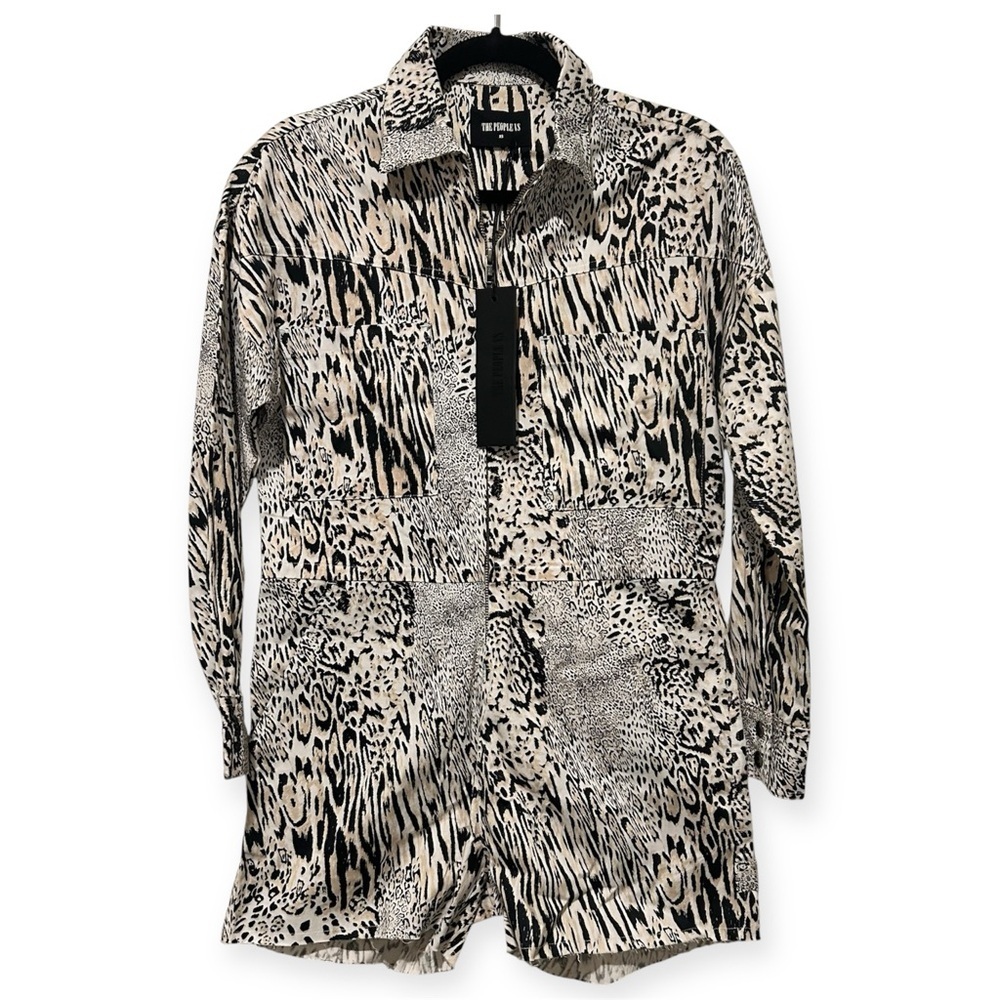 The People VS Animal Print Zip Front Long Sleeve Raw Hem Romper